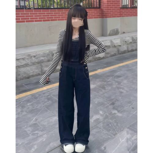 中大童2026夏季深蓝色宽松韩版牛仔背带裤连体裤单件童装矮个子女