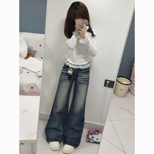 中大童美式复古做旧儿童牛仔裤女高腰宽松显瘦设计感拖地阔腿裤潮