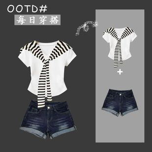 披肩短袖中大童上衣白色短袖+牛仔短裤夏季ins套装社会女童装夏天