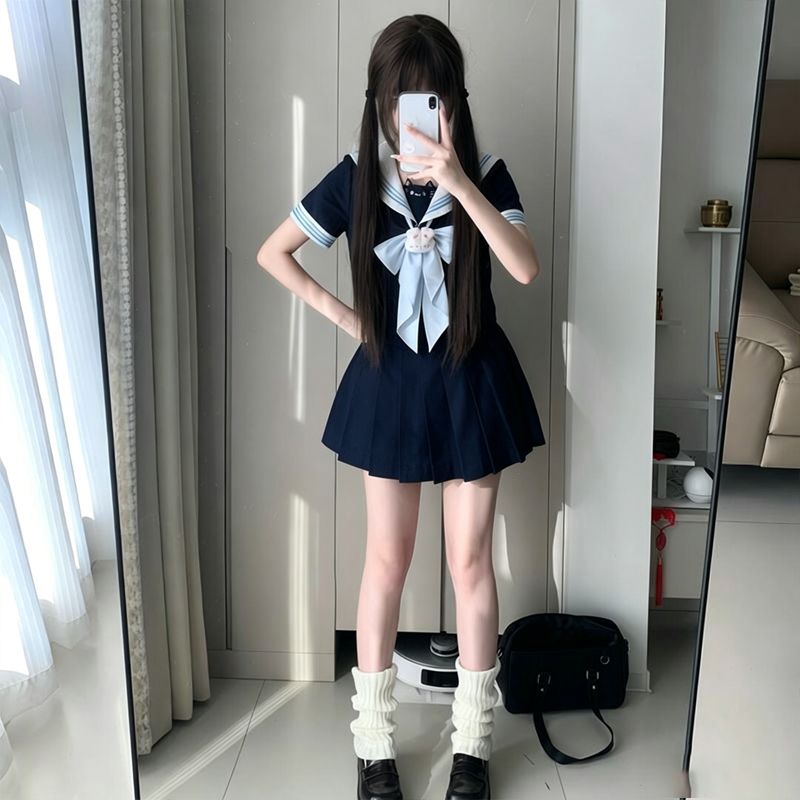 女童学院JK甜美制服海军水手服短袖衬衫+百褶裙短裙套装中大童ins图片