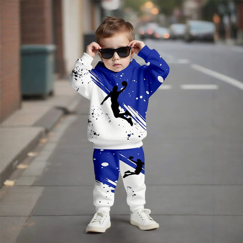 Kids Basketball Print Hoodie Pants Set 外贸童装休闲运动套装