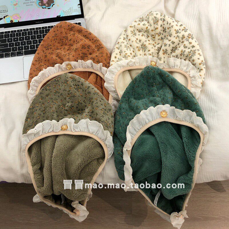 冒冒~ins少女花边干发帽复古碎花浴帽超强吸水速干包头巾干发巾