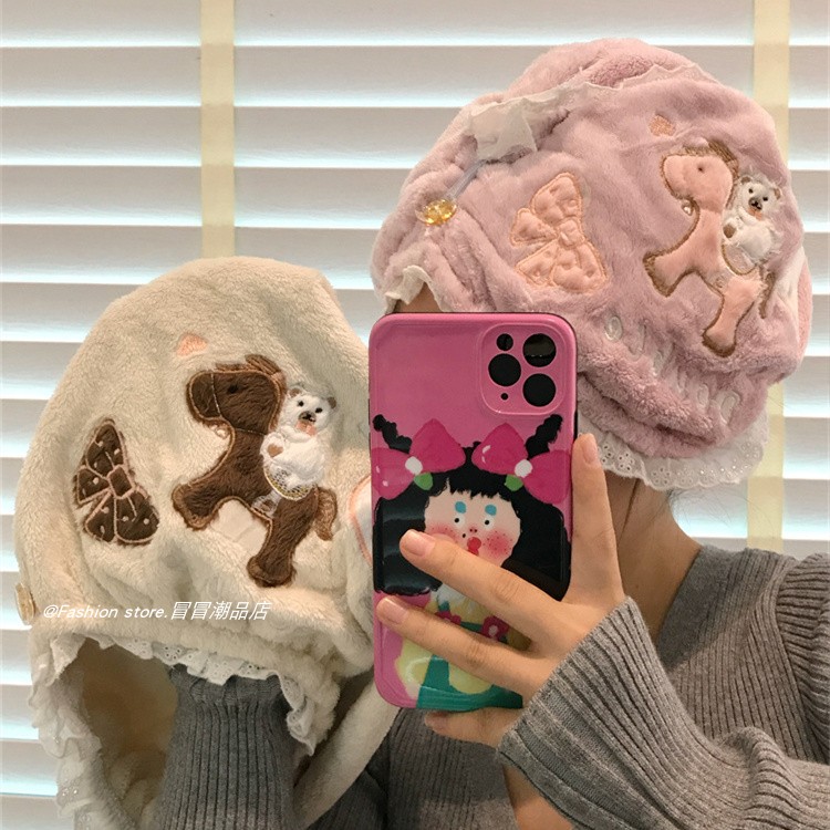 ins刺绣可爱干发帽女蕾丝边高颜值洗头浴帽擦头发包头巾吸水速干