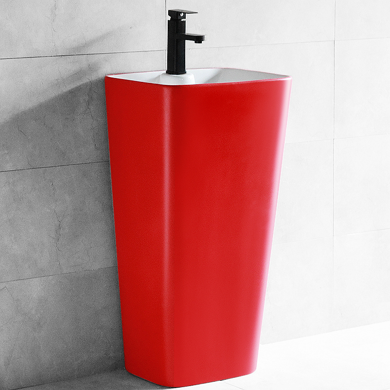 个性红色立柱盆陶瓷卫生间立式洗脸盘一体落地式洗手盆阳台水池