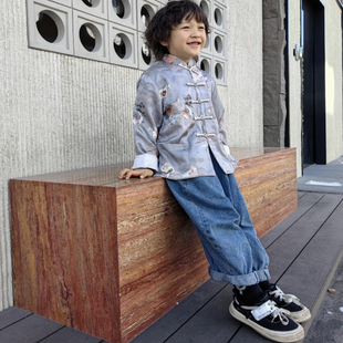 春秋薄款男童唐装可爱灰粉小鹿国学汉服仿花萝柔软丝滑中小童外套