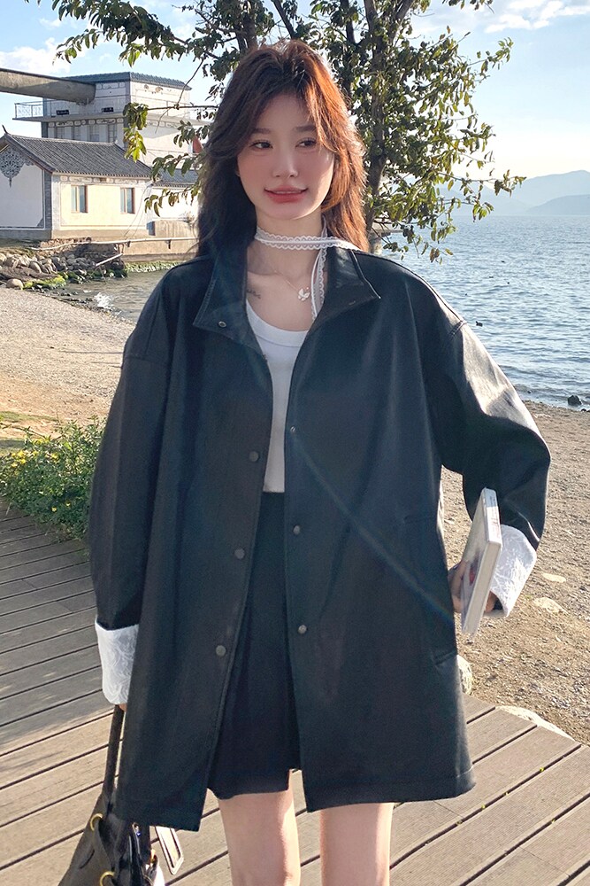 2025蕾丝袖口立领中长黑皮衣外套2C298w376p155k238,女装皮衣,2C298