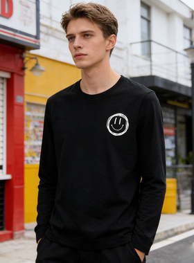 1OO棉 细腻柔软时尚印花春夏季男士弹力打底休闲长袖T恤A3040