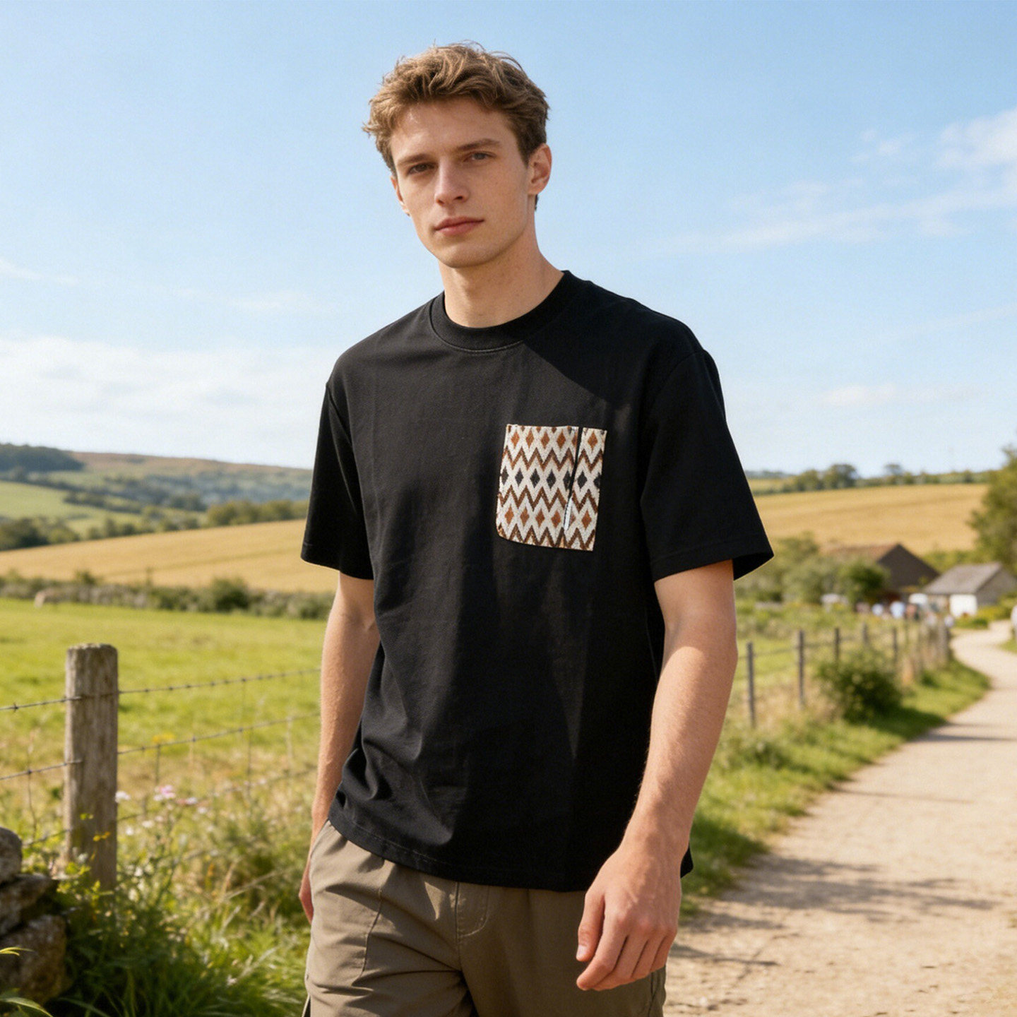 重磅棉 时尚针织口袋 春夏季男士微阔宽松圆领简约短袖T恤B4025