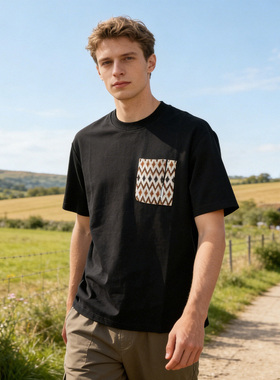 重磅棉 时尚针织口袋 春夏季男士微阔宽松圆领简约短袖T恤B4025