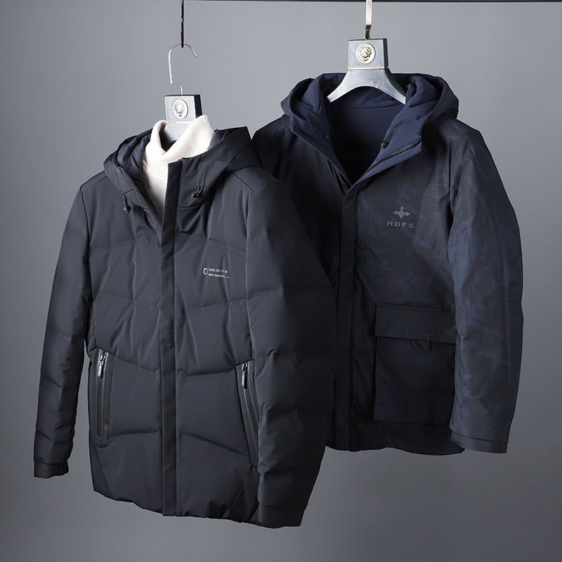 两面穿 防风防水！品牌原单冬季男士轻商务休闲连帽厚羽绒服F730