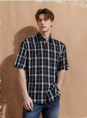 高端弹力棉 线下600+ 英伦格子夏季时尚男士黑白格短袖衬衫B3293