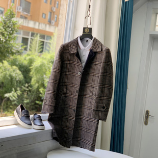 宽松呢子大衣男士 格纹商务中长款 外套G0028 时尚 80羊毛双面呢