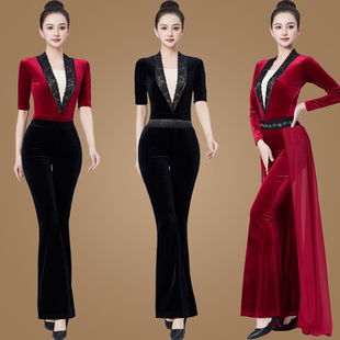 女礼仪走秀修身 舞蹈练功服丝绒套装 优雅新品 喇叭裤 款 形体训练服装