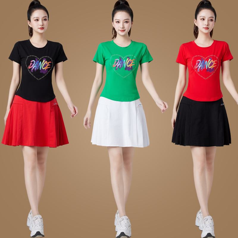 夏季新款短袖跳舞衣运动舞蹈服广场舞服装套装短裙子女健身鬼步舞