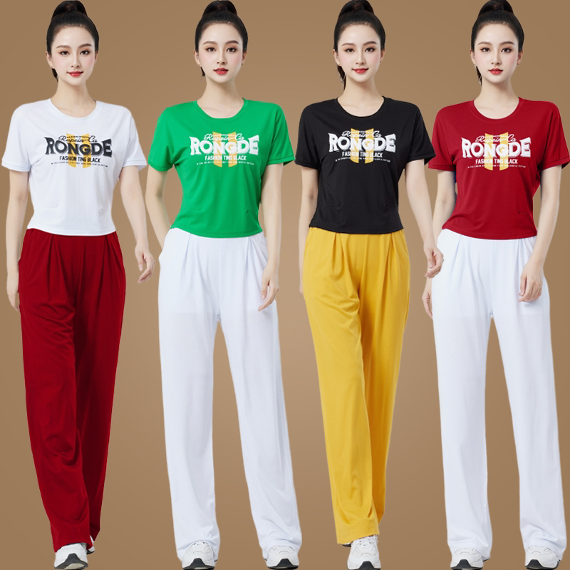 宽松时尚新款健身曳步舞运动舞蹈服广场舞服装套装直筒裤跳舞衣女