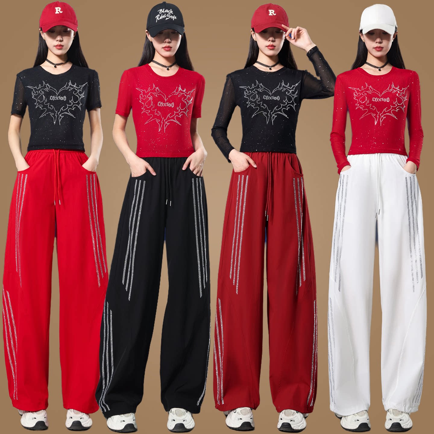 烫钻弯刀裤宽松时尚新款运动广场舞服装套装跳舞上衣春夏舞蹈服女