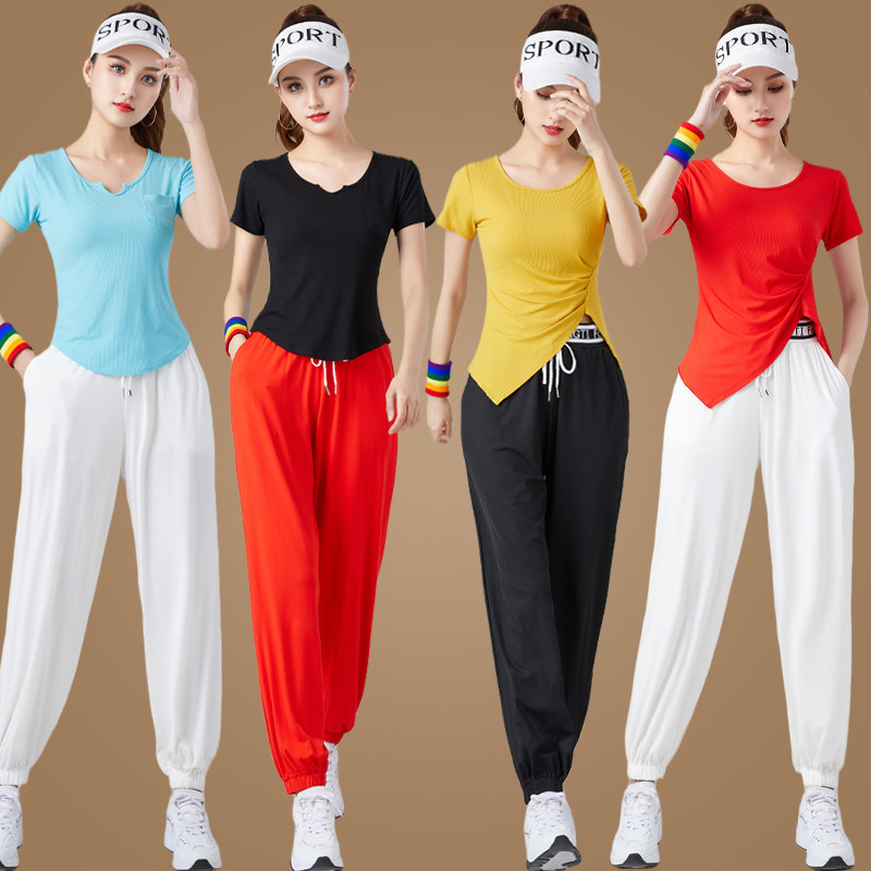 时尚新款短袖广场舞运动舞蹈服套装女健身灯笼裤跳舞衣曳步舞春夏