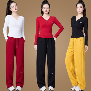 女春秋 运动套装 洋气细闪长袖 V领跳舞t恤上衣健身舞蹈服广场舞服装