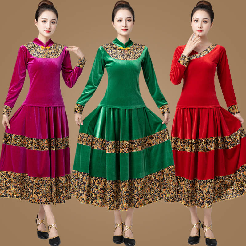舞蹈演出服中老年广场舞服装金丝绒套装长裙子女秋冬新款表演古典