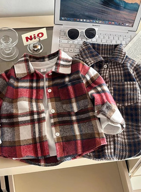 儿童衬衣长袖秋款格子衬衫男童复古拼色新款开衫翻领上衣女童外套