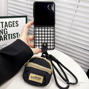 复古黑白格子背带斜跨耳机零钱包适用荣耀MagicVFlip手机壳创意个性magic v flip小折叠屏皮质保护套腕带挂绳
