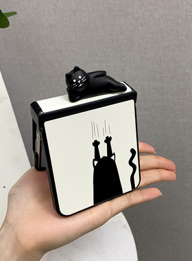 铰链全包适用于三星zflip4手机壳z flip3皮纹保护套f7110女款flip4折叠屏W23FLIP立体黑色猫咪