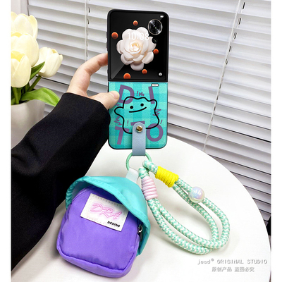 皮质格纹百变幽灵耳机零钱包适用荣耀MagicVFlip手机壳卡通可爱女款magic v flip小折叠屏保护套斜挎背带挂绳