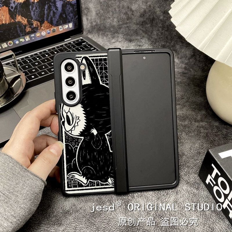 黑色小布适用三星zfold5手机壳z fold6折叠屏超薄w24新款Galaxy ZFold4软壳铰链全包5g卡通w23保护套