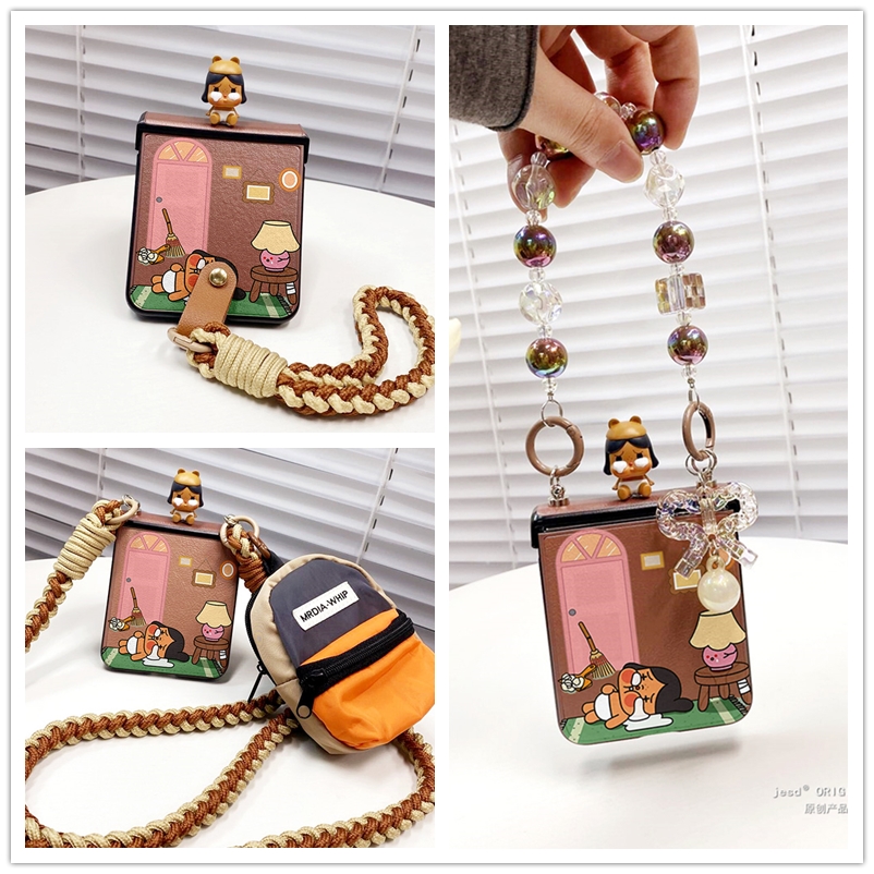 奶咖色卡通女孩支架耳机包适用摩托罗拉moto razr50ulta手机壳可爱斜挎折叠屏Razr50皮质保护套防摔新款挂绳