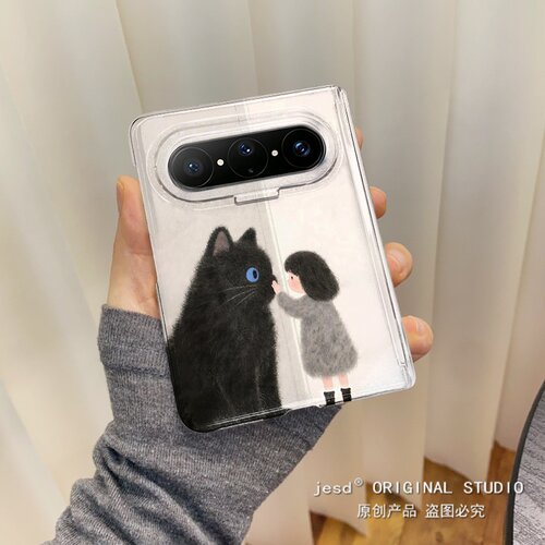 韩系ins高级感黑猫小女孩插画适用华为puraxmax手机壳新款Pura X2典藏版x全包中轴铰链磁吸保护Max折叠屏防摔
