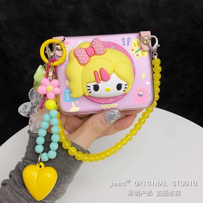 软萌可爱拼色黄发kt猫适用三星zflip76折叠屏n3flip手机壳purax小米mixflip2磁吸pocket2支架razr60荣耀vflip