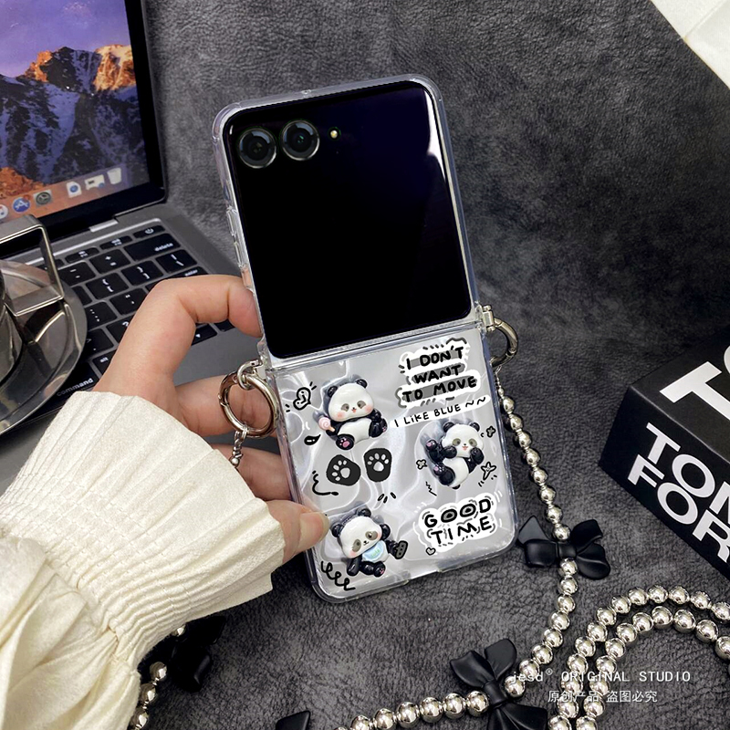 新款黑白熊猫适用摩托罗拉moto razr50ulta手机壳斜挎折叠屏Razr50Ultra保护套可爱razr50挂绳防摔ins风超薄