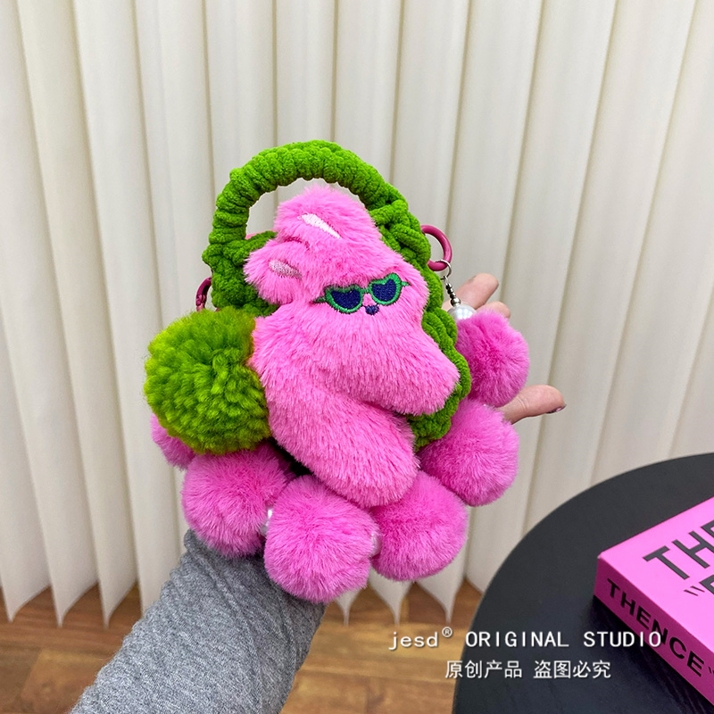 可爱玫红毛茸茸兔子公仔耳机包适用华为新款nova flip手机壳摩托罗拉razr50 ultra皮质小折叠屏保护套带挂绳