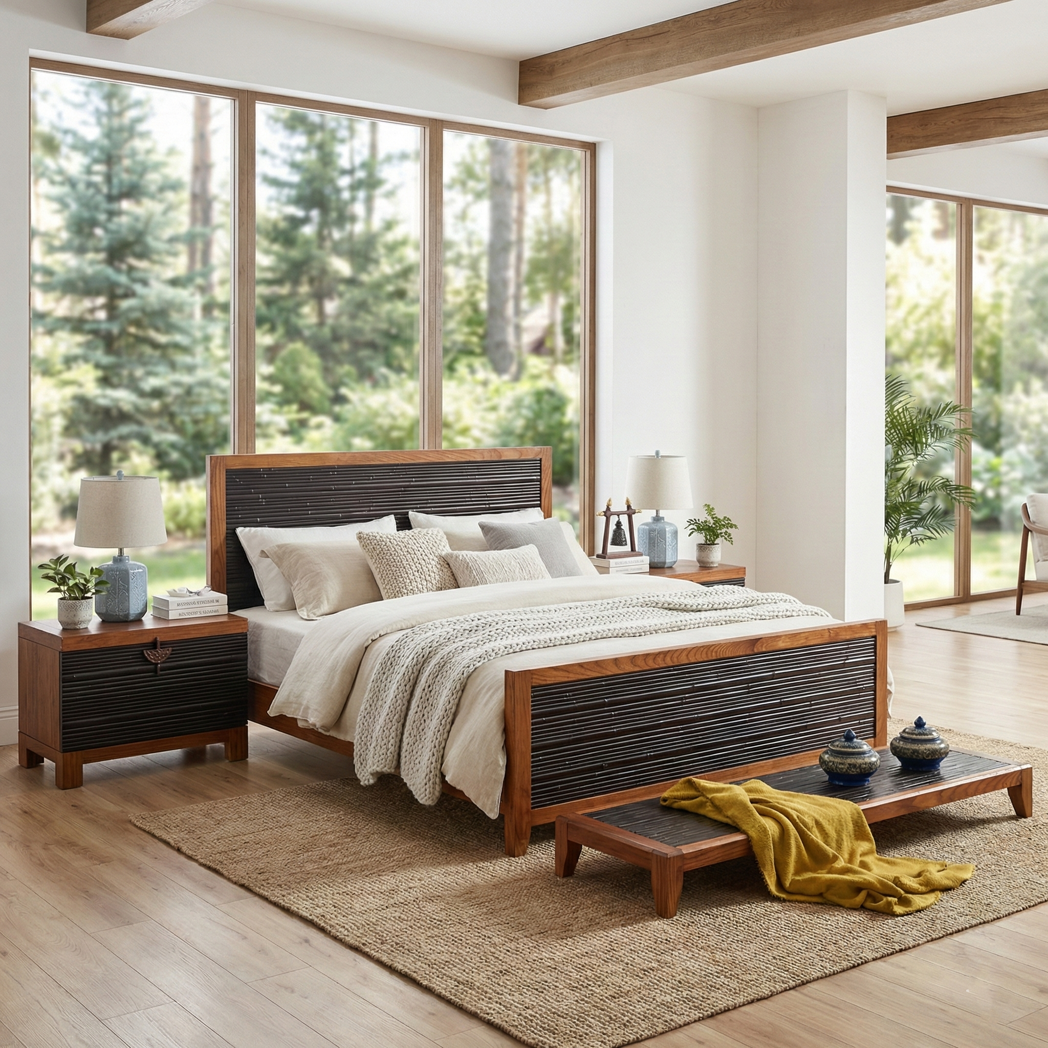 新中式实木床1.8米东南亚风格槟榔色家具竹节雕刻白蜡木1.5双人床