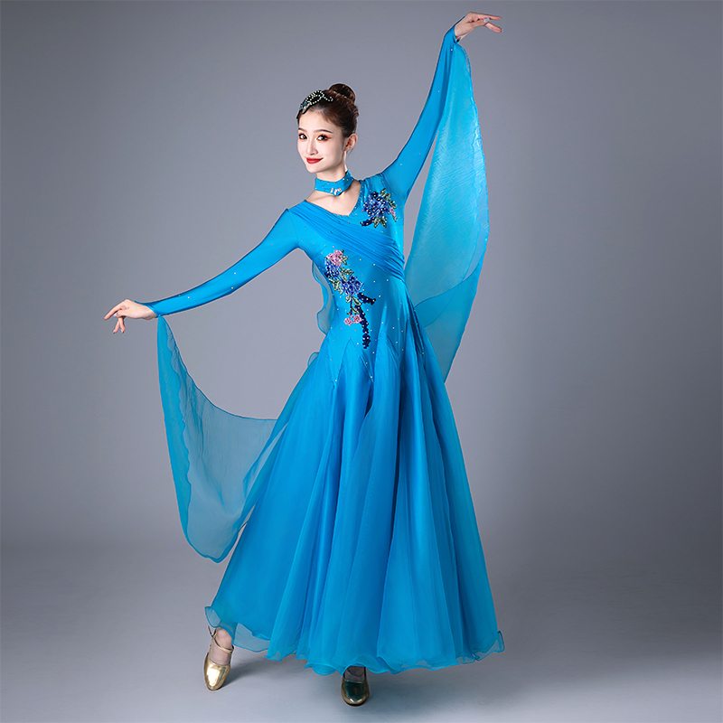 摩登舞抓褶裙新款国标舞蹈绣花表演出连衣裙镶钻交谊舞华尔兹大摆