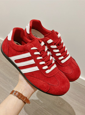 红色系带德训鞋板鞋女2026春季新款韩版内增高厚底休闲鞋运动鞋女
