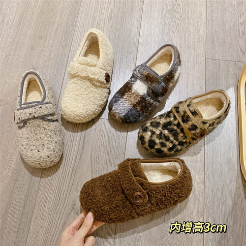 毛毛鞋魔术贴加绒保暖单鞋女2025冬季新款韩版内增高棉鞋豆豆鞋女