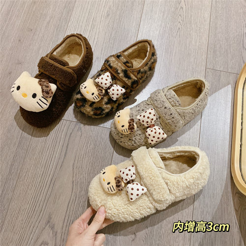 卡通毛毛鞋魔术贴加绒保暖单鞋2025冬季新款韩版内增高棉鞋豆豆鞋