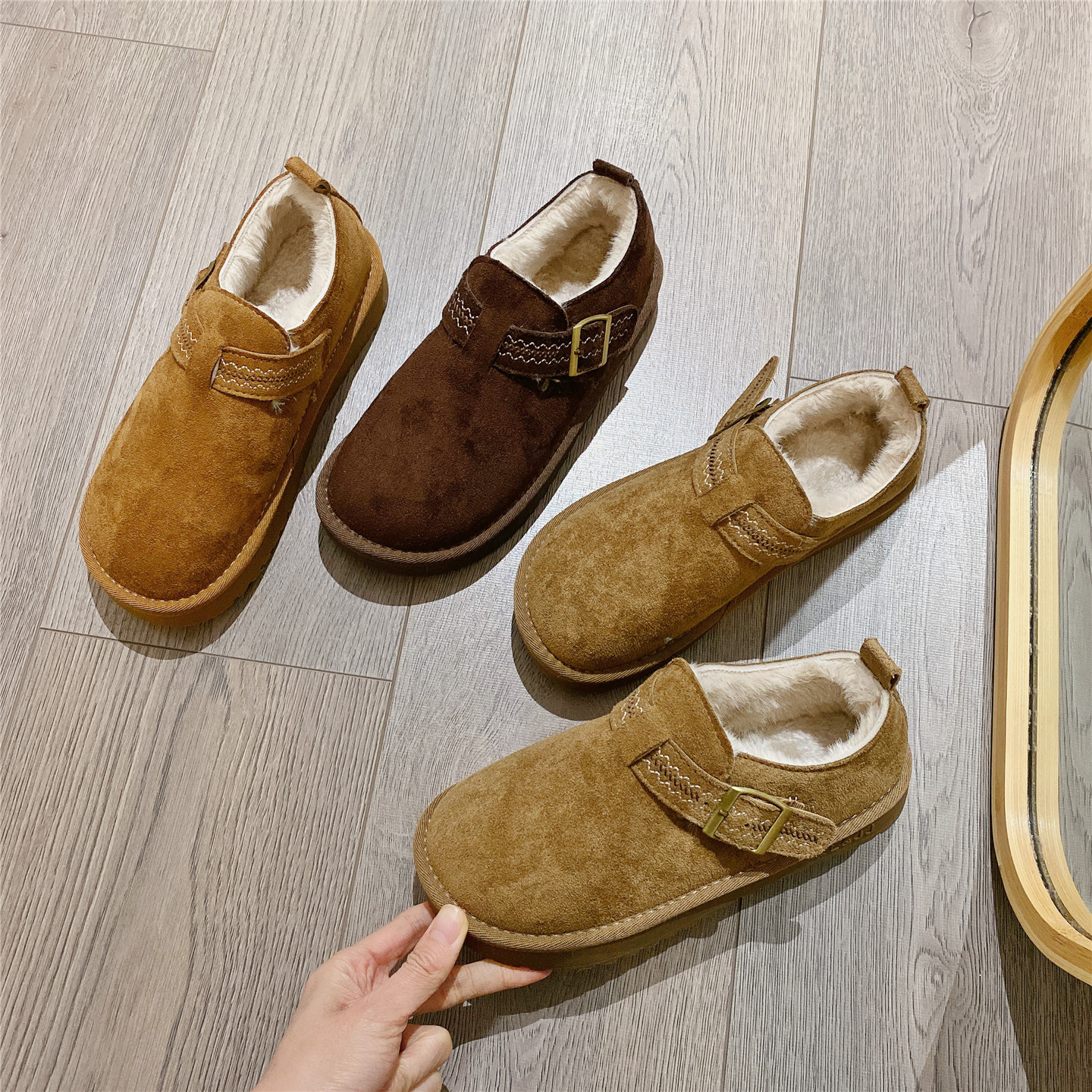 复古搭扣雪地鞋毛毛鞋加绒勃肯鞋女2025冬季新款厚底单鞋保暖棉鞋