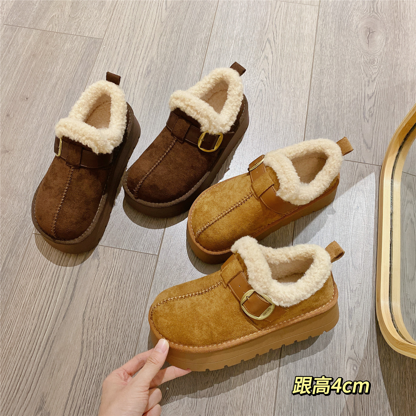 雪地鞋搭扣毛毛鞋加绒勃肯鞋女2025冬季新款厚底松糕单鞋保暖棉鞋