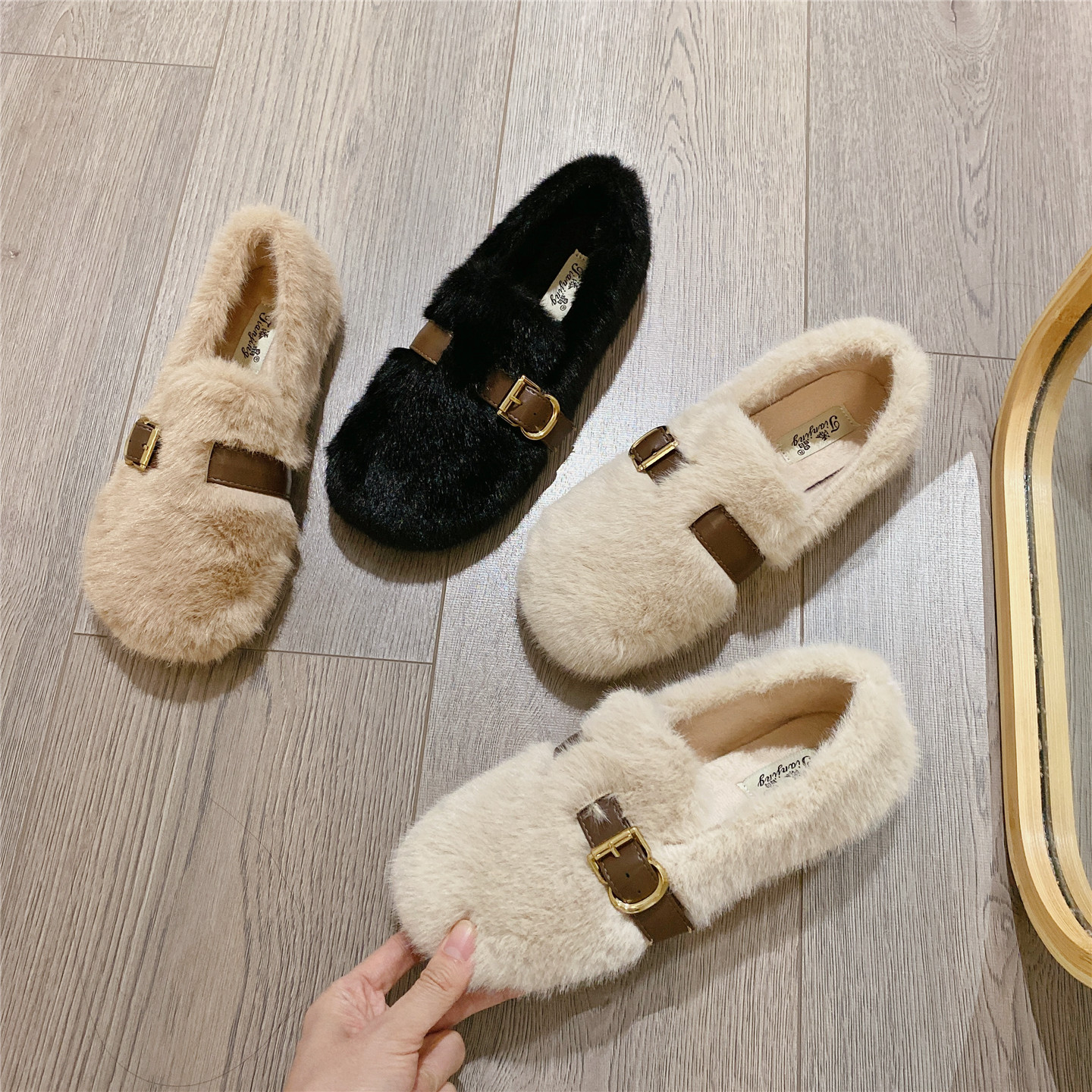 复古软底豆豆鞋2025冬季新款乐福鞋加绒保暖单鞋棉鞋平底毛毛鞋