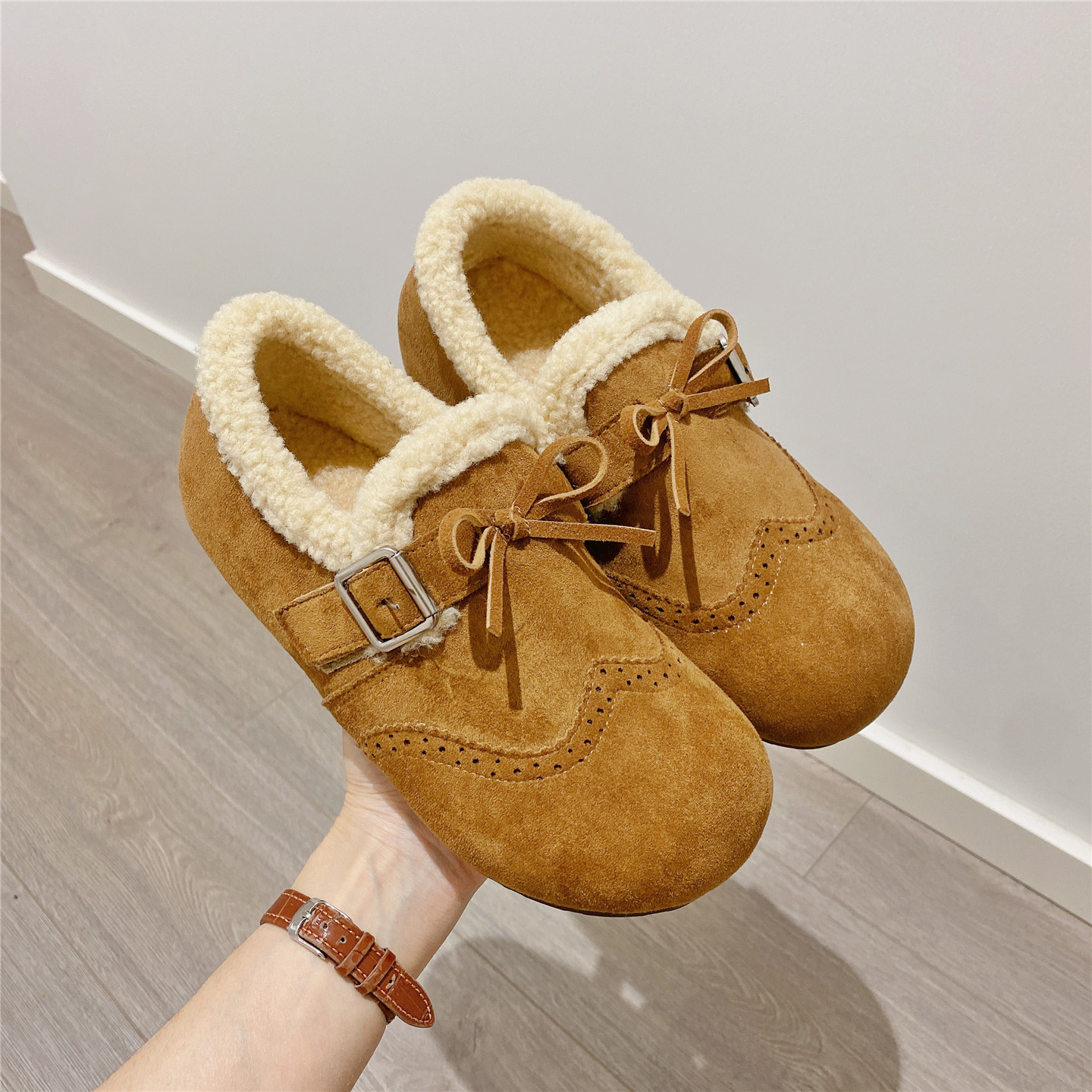 蝴蝶结毛毛鞋保暖厚底勃肯鞋2025冬季新款韩版加绒内增高单鞋棉鞋