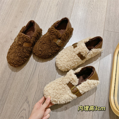 复古搭扣软底平底鞋加绒毛毛鞋单鞋女2025冬季新款保暖棉鞋豆豆鞋
