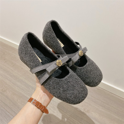 内增高山茶花毛毛鞋加绒单鞋女2026新款浅口平底蝴蝶结玛丽珍鞋女
