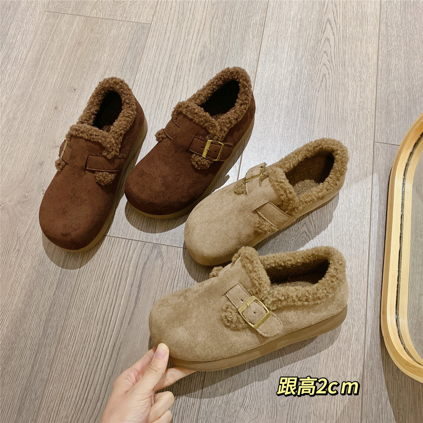 复古勃肯鞋毛毛鞋英伦风百搭单鞋女乐福鞋2025冬季新款加绒棉鞋女