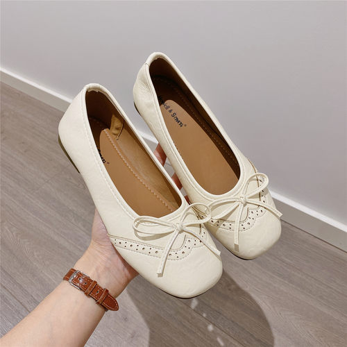 南瓜色蝴蝶结单鞋女2026春季新款韩版软底舒适平底浅口豆豆鞋女鞋