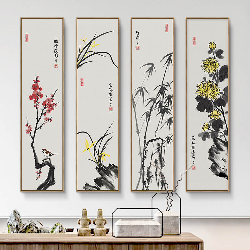 定做客装饰画梅兰菊竹四联玄关室酒店式沙茶背中景厅墙发画竖版新