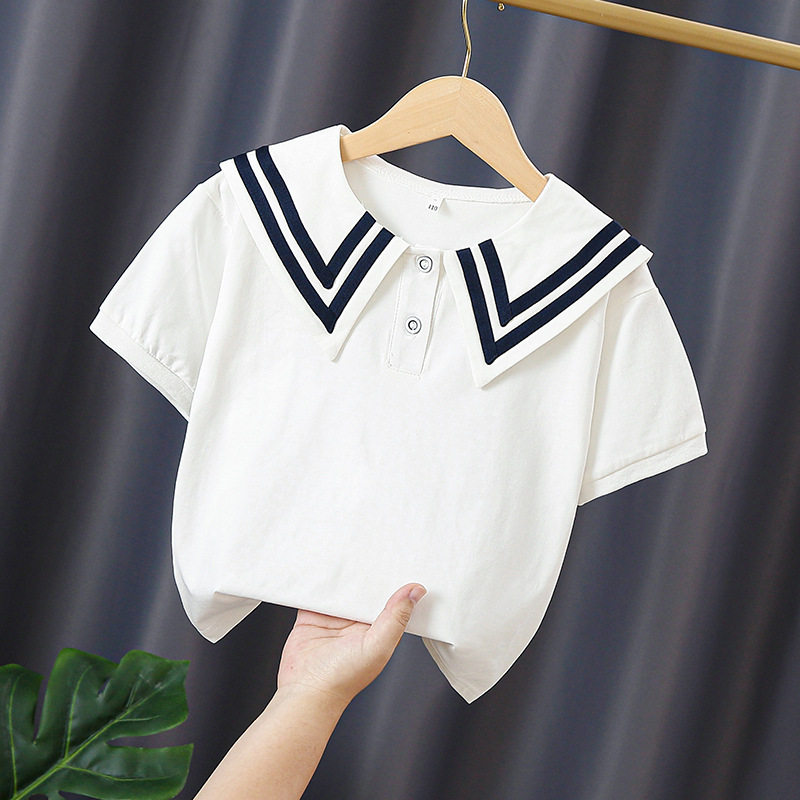 女童短袖t恤翻领海军领白色夏季薄款学院风儿童纯棉打底衫短上衣