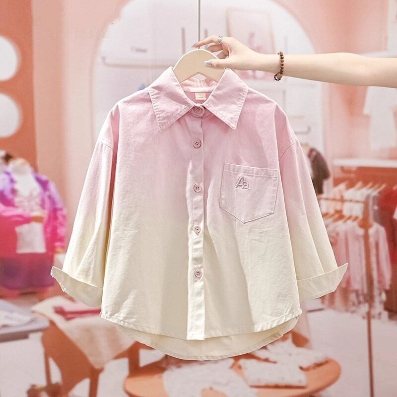 女童渐变粉色长袖衬衣薄款翻领休闲中大儿童绿衬衫春秋真丝棉上衣