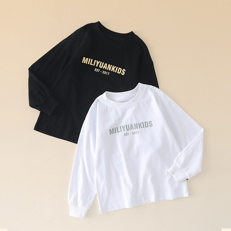 男童长袖T恤纯棉春秋新款男孩纯白色中大儿童打底衫黑色内搭上衣